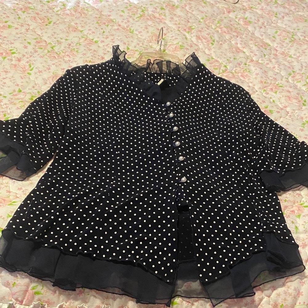 Black Polka Dot Blouse with Ruffle Trim